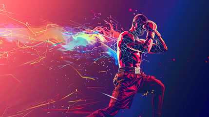 A sports poster banner featuring a box. The abstract background with colorful patterns enhances the dynamic design.