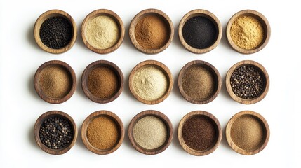 A collection of spice powders like ginger, cumin, and black pepper in wooden bowls, symmetrically displayed on white