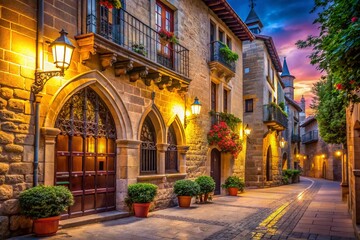 Fototapeta premium Olite Palace Navarre Spain Night Photography, Low Light Facade, Spanish Architecture, Historic Building, Night Scene, Romantic Travel