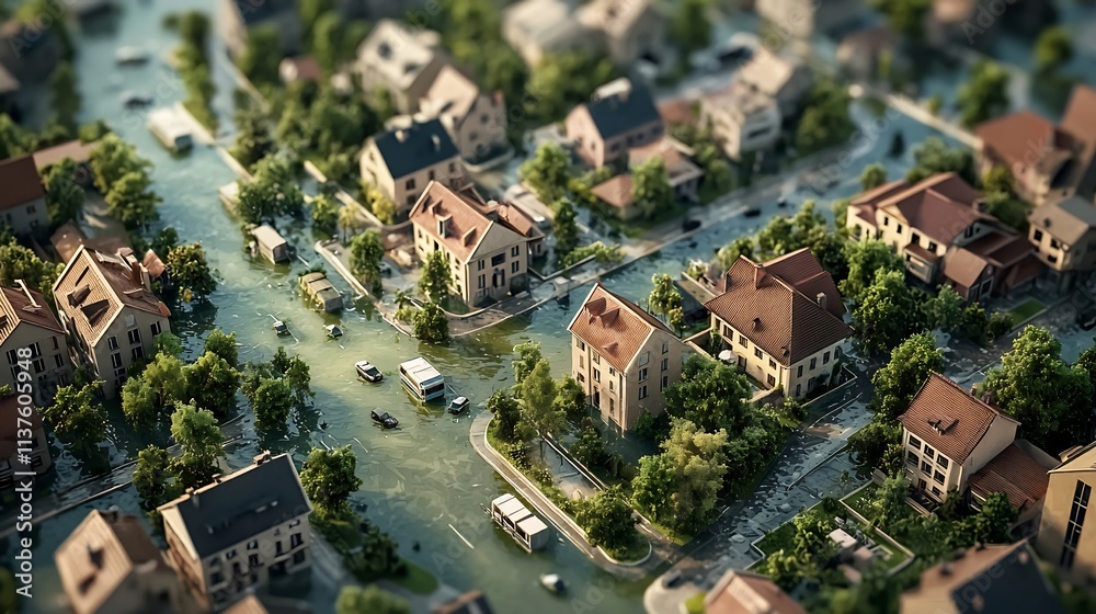 Poster detailed urban flood map with a virtual twin simulation showcasing drainage system overload leaving 