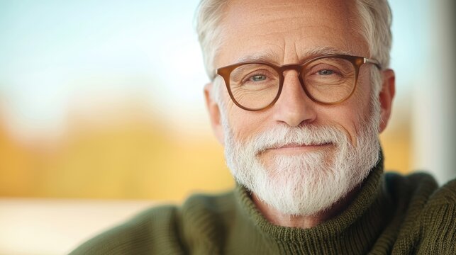 An elderly man smiles while wearing a wearable heart monitor, the discreet device providing peace of mind and potentially life saving data for early detection of heart issues.