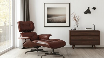 Modern Living Room Interior Design with Brown Leather Lounge Chair and Wooden Chest