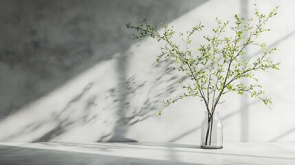 Spring branch with fresh green leaves in a glass vase against a textured wall, illuminated by sunlight.
