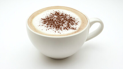 Cappuccino with foam art in white cup isolated on white background
