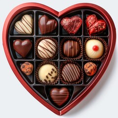 A red velvet, heart-shaped chocolate box slightly opened to reveal an assortment of chocolates,...