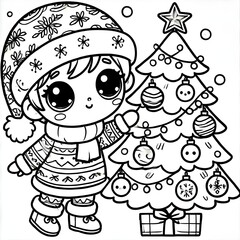 Fototapeta premium Blank coloring book illustration of a child wearing a Christmas costume decorating a Christmas tree.