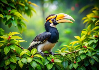 Obraz premium Oriental Pied Hornbill Double Exposure Tree Photography, Bird Wildlife Nature Image, Asian Bird Stock Photo