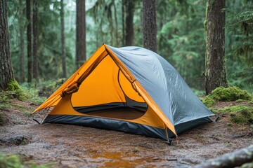 Yellow and Gray Tent Pitched in a Lush Green Forest