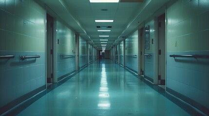 Obraz premium Inside of big old hospital underground level, ominous, spacious, empty.