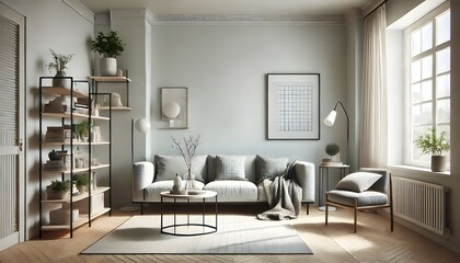 Minimalist Living Room Interior with White Sofa and Natural Light