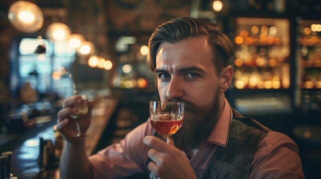 A hipster man with a handlebar mustache sipping a craft cocktail in a speakeasy bar