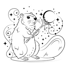 Linear drawing of a beaver with a magic staff on the background of a moonlit night