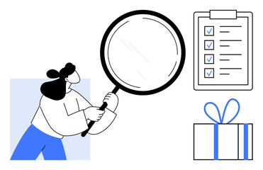Woman holding magnifying glass examining checklist with checkmarks and blue gift box. Ideal for business audits, quality control, to-do lists, productivity apps, organization, gift planning