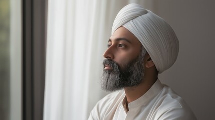Thoughtful mature indian man in turban gazing out window
