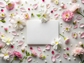 Overhead View Empty White Card Floral Arrangement, Blank Notecard, Botanical Flatlay, Wedding Invitation Design, Flower Petals