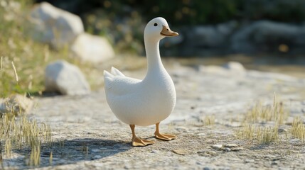 Fototapeta premium Adorable white duckling standing on a rocky path near water.