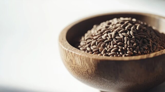 Close-up of aromatic cumin seeds in a small wooden bowl, their earthy texture highlighted on a clean white background