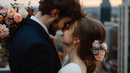 Modern city rooftop wedding ceremony, Happy couple with sunset glow,  Wedding ceremony concept.