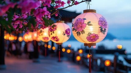 Chinese lanterns concept. Colorful lanterns illuminated at dusk surrounded by blooming flowers in serene setting.