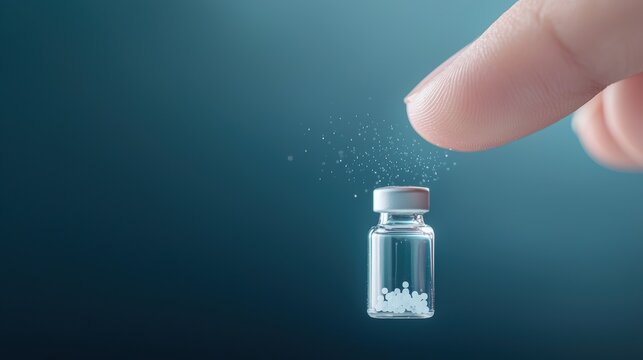 Close up on a hand vigorously shaking a vial of homeopathic remedy, highlighting the process of succussion to enhance its potency.