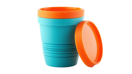 Bright turquoise reusable cup with an orange lid displayed on a transparent background for eco-friendly lifestyle promotion.