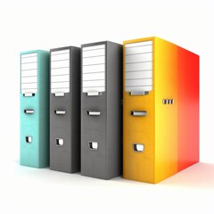 Modern filing cabinets in vibrant colors arranged in a line for efficient office organization and storage solutions