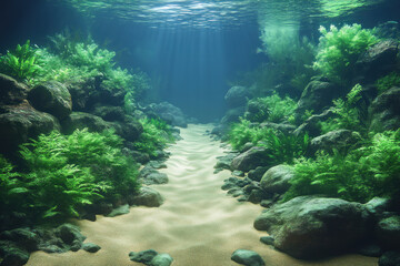 Obraz premium Underwater River Flows Through Lush Green Plants and Rocks Peacefully
