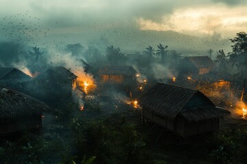 Fototapeta premium Jungle village burning, swarms of insects flying.