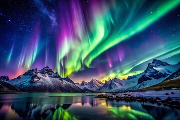 Panoramic Aurora Borealis Mountain Landscape - Night Sky Photography, Northern Lights, Arctic Winter Scenery