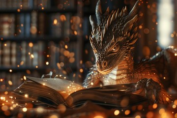 A mystical dragon reading a large book in a magical, enchanting library setting. © S photographer