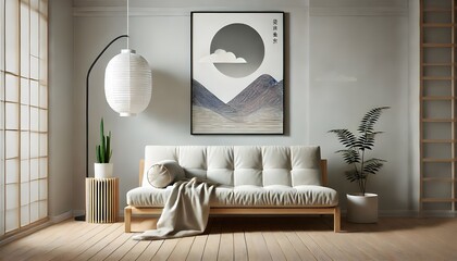 Modern Living Room Interior with Abstract Artwork and White Sofa