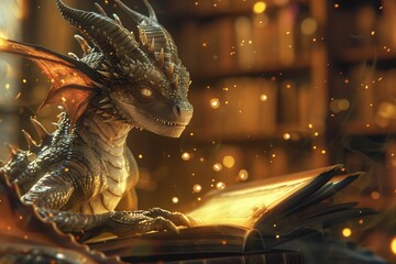 A mystical dragon reading an ancient book amidst a magical library setting. © S photographer