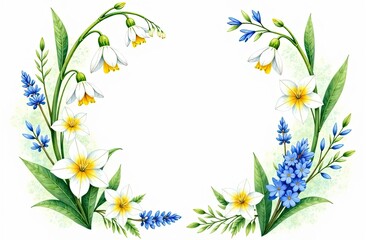 Fototapeta premium Beautiful floral arrangement with yellow and blue flowers on white background for decoration or design purposes. Generative AI