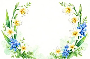 Fototapeta premium Floral arrangement with white and blue blossoms on a light background for decorative purposes. Generative AI
