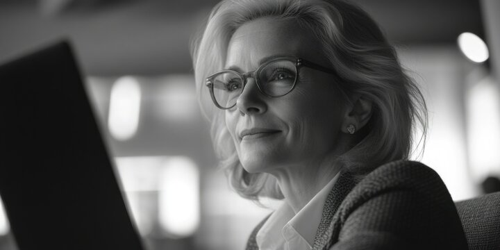 Woman in Business Attire, Focused on Laptop