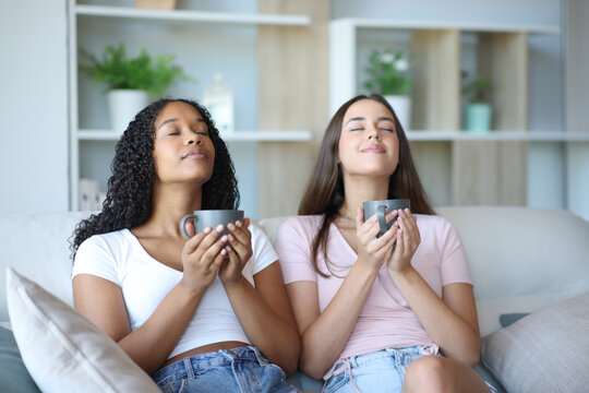 Two friends breathing drinking coffee relaxing at home