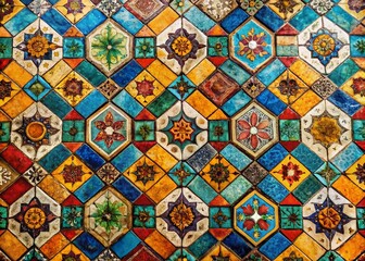 Panoramic Colorful Geometric Tile Floor, Worn Mosaic Pattern, Vintage Floor Tiles, Abstract Geometric Design