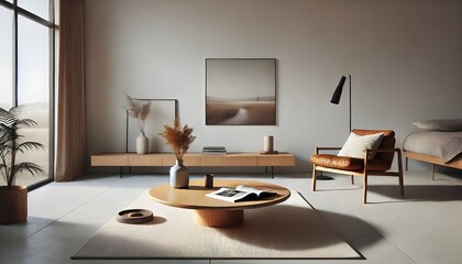 Minimalist Living Room Interior with Artwork and Wooden Accents
