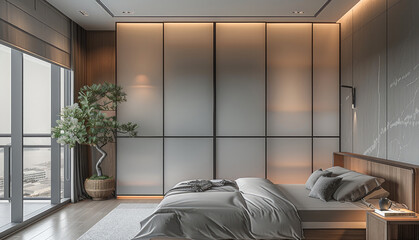 Modern minimalist interior, rectangular bedroom, in neutral gray tones, cozy bed, partition between a large room made of frosted glass three sections, white ceiling with minimalist lighting.