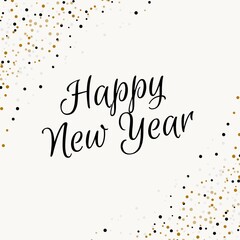 festive New Year's greeting card featuring the phrase "Happy New Year" in elegant script and a scattering of gold and black confetti in the corners