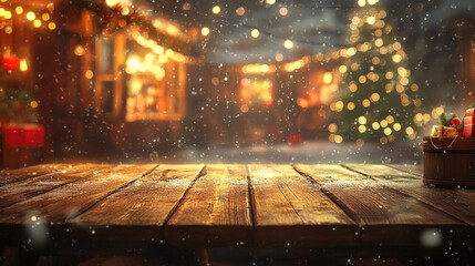 Obraz premium Autumn background with wooden table and colored fall leaves. Clean bright light empty table with blurred cafe background for product display mockup.