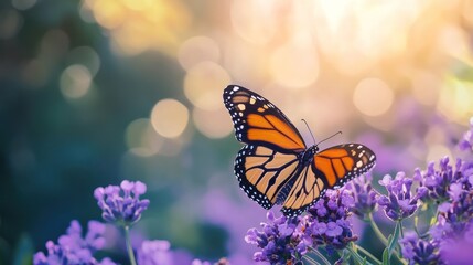 Monarch Butterfly on Lavender Blossoms in Golden Sunlight