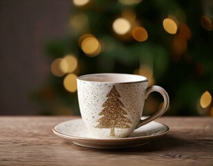 Obraz premium Cup with AESTETIC shape placed on table, New YEAR tree blurred in background, presents scattered around, soft lighting creating warm atmosphere, conceptual holiday setup, festive mood evoked through d