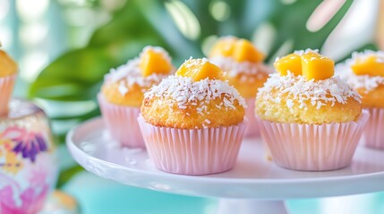 Original muffins with mango topping and coconut flakes, tropical background, dessert photography