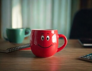 Funny red shape cup on table, office decor, present conceptual idea of gift, unique design, playful item, cheerful, whimsical, bright color, bold statement, creative, fun, desk accessory, personalized