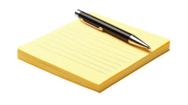 Bright Yellow Sticky Note Pad with Pen for Effective Note Taking and Organization, Perfect for Office or Home Use.