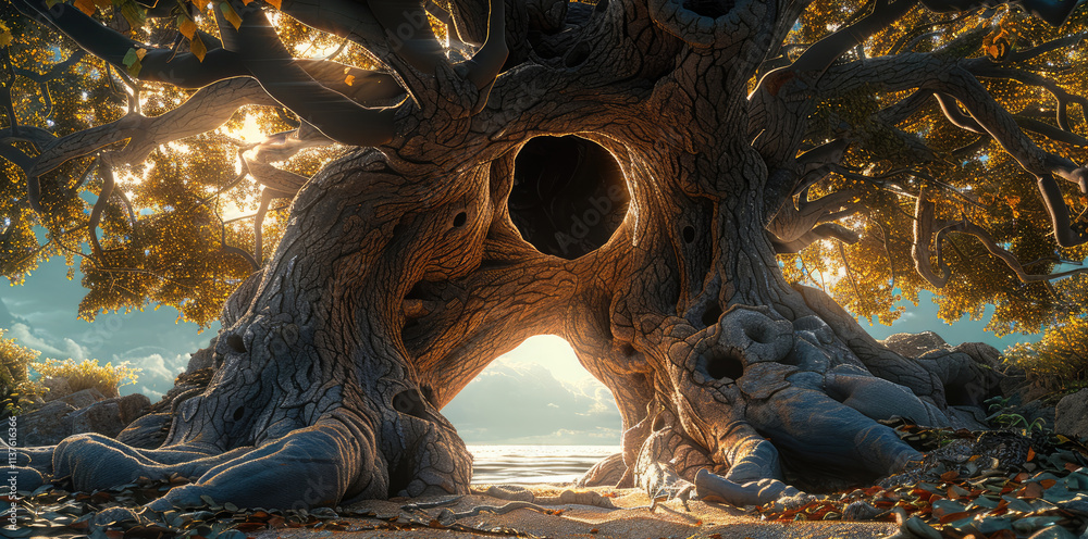 Poster A large tree with a hole in the middle of the tree.