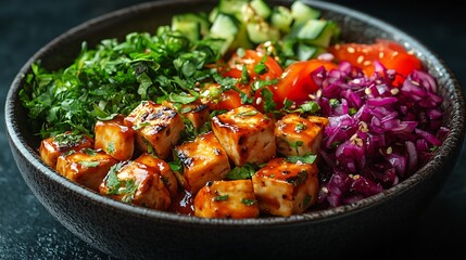 Grilled Tofu Bowl with Fresh Vegetables and Herbs