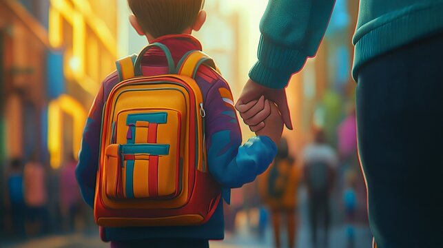 First Day Jitters: A child's hand in his mother's, walking to school, captures the bittersweet mix of excitement and apprehension on that very first day.