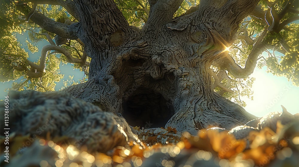 Poster A large tree with a hole in the middle of the tree.